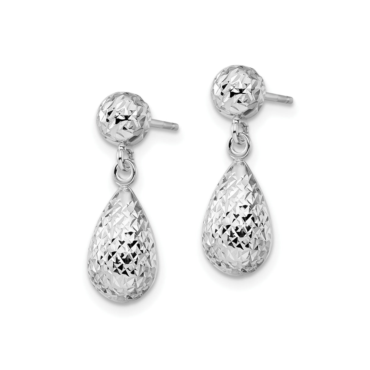 14k White Gold Dangle Earrings, Faceted Teardrop Design with High Polish Texture