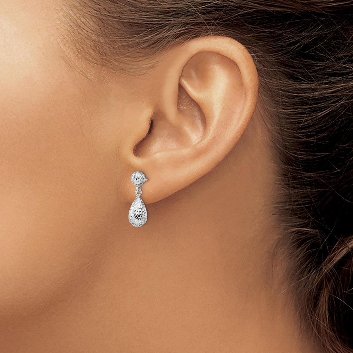 14k White Gold Dangle Earrings, Faceted Teardrop Design with High Polish Texture