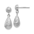 14k White Gold Dangle Earrings, Faceted Teardrop Design with High Polish Texture