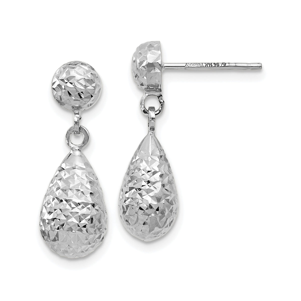14k White Gold Dangle Earrings, Faceted Teardrop Design with High Polish Texture