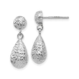 14k White Gold Dangle Earrings, Faceted Teardrop Design with High Polish Texture