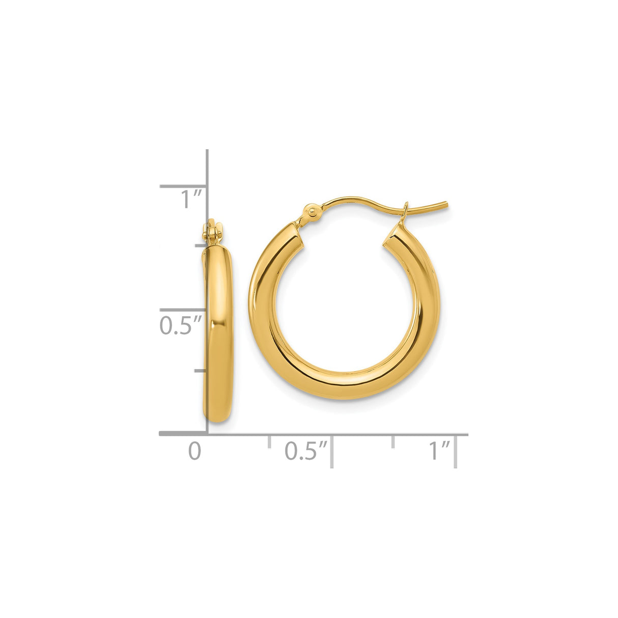 14k Yellow Gold Hoop Earrings, Polished Finish, Classic Round Design, Secure Latch Back, Medium Size