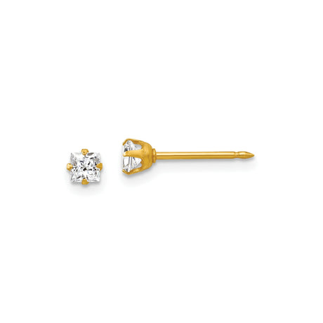 14k Yellow Gold Stud Earrings with Princess Cut Clear Gemstone, Four Prong Setting, Minimal Design