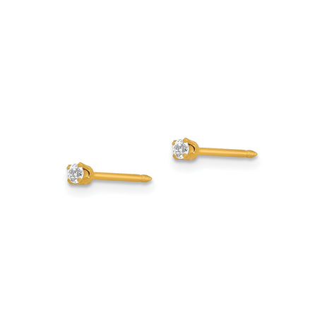 14k Yellow Gold Solitaire Stud Earrings with Round Clear Gemstone, Four Prong Setting