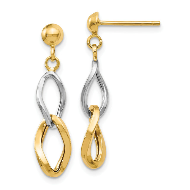 14k Two-Tone Gold Dangle Earrings with Intertwined Loops, Lightweight Twist Design for Women