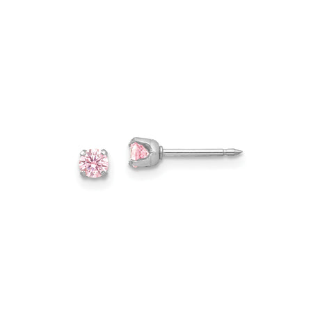 14k White Gold Stud Earrings with Round-Cut Pink Cubic Zirconia, Minimalist Birthstone Style