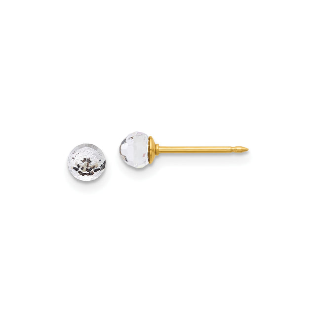 14k Yellow Gold Faceted Ball Stud Earrings with Crystal, Diamond Cut, Lightweight Unisex Design
