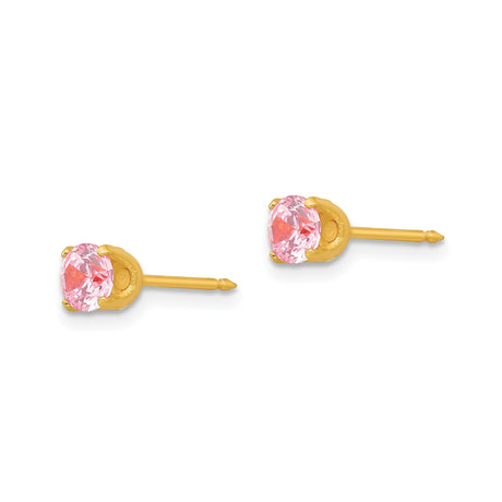 Yellow Gold Pink Gem Stud Earrings In Prong Set Round Cut