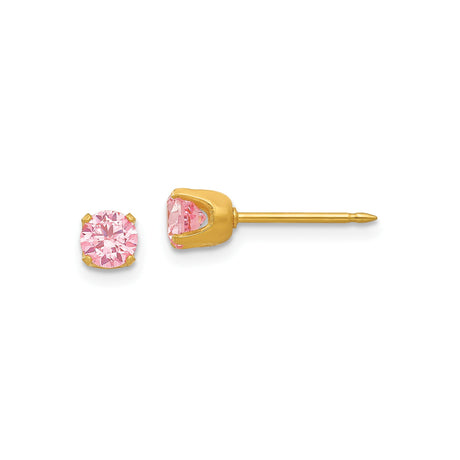 Womens Gold Stud Earrings with Round-Cut Pink Gemstones in Prong Setting, Elegant Minimalist Design for Daily Wear, Feminine Jewelry with Classic Style and Polished Finish, Fine Romantic Studs