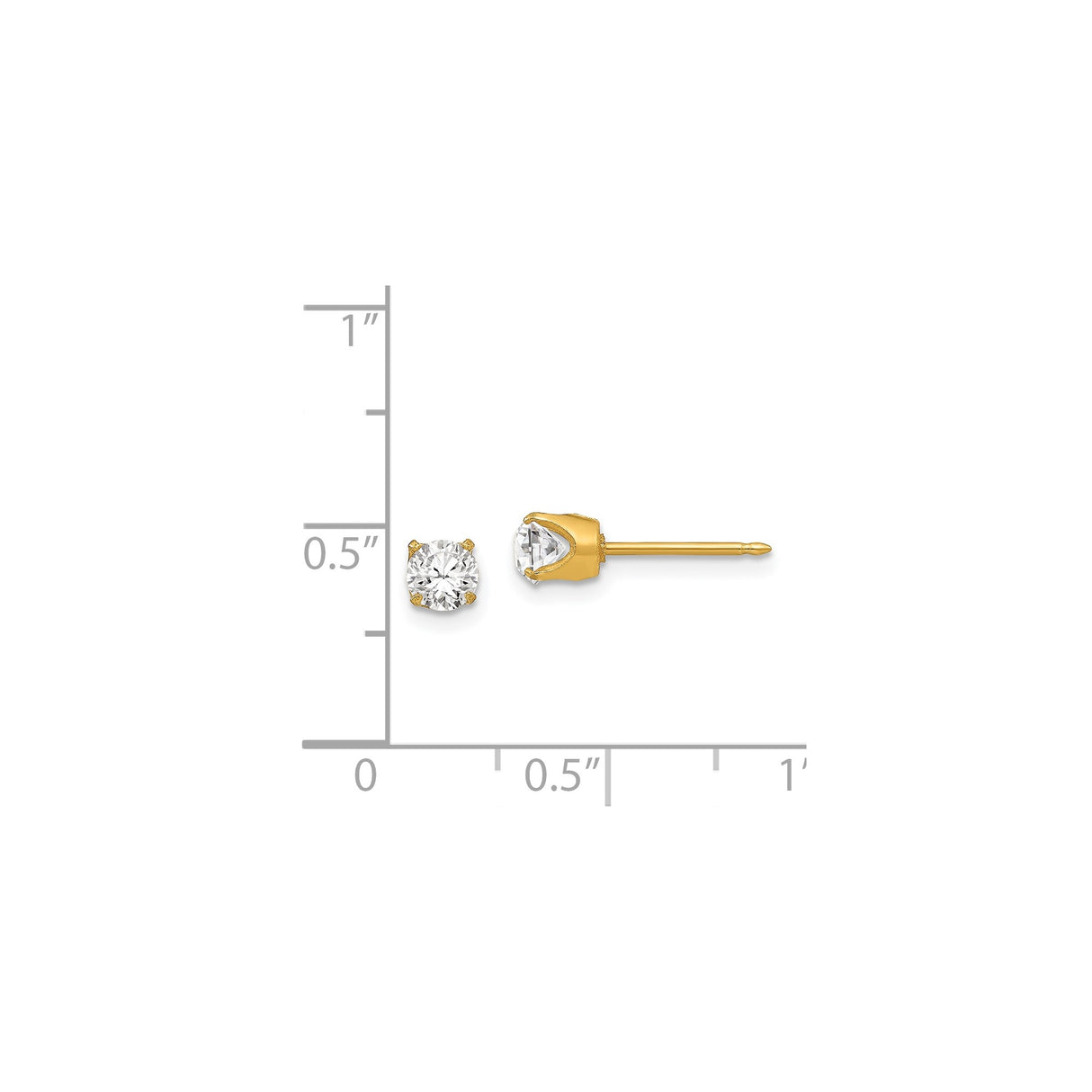 14k Gold Stud Earrings with Clear Cubic Zirconia, Round Cut, Four Prong Setting