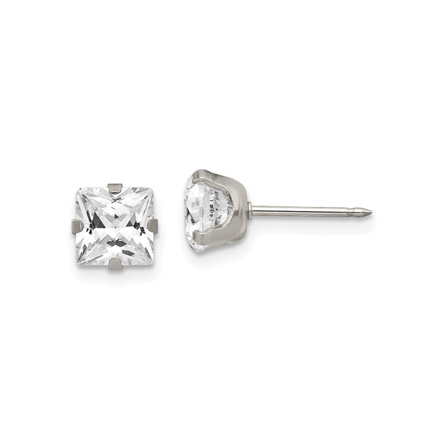 Stainless Steel Stud Earrings with Cubic Zirconia, Square Cut, Four-Prong Setting, Unisex Design