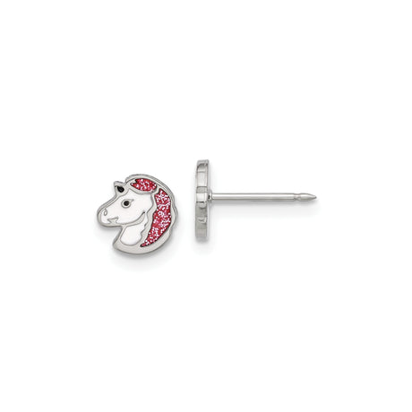 Unicorn Stud Earrings for Girls with White Enamel Face and Glitter Pink Mane, Stainless Steel Hypoallergenic Animal Design Fantasy Jewelry, Durable for Daily Wear and Whimsical Fashion Accessory