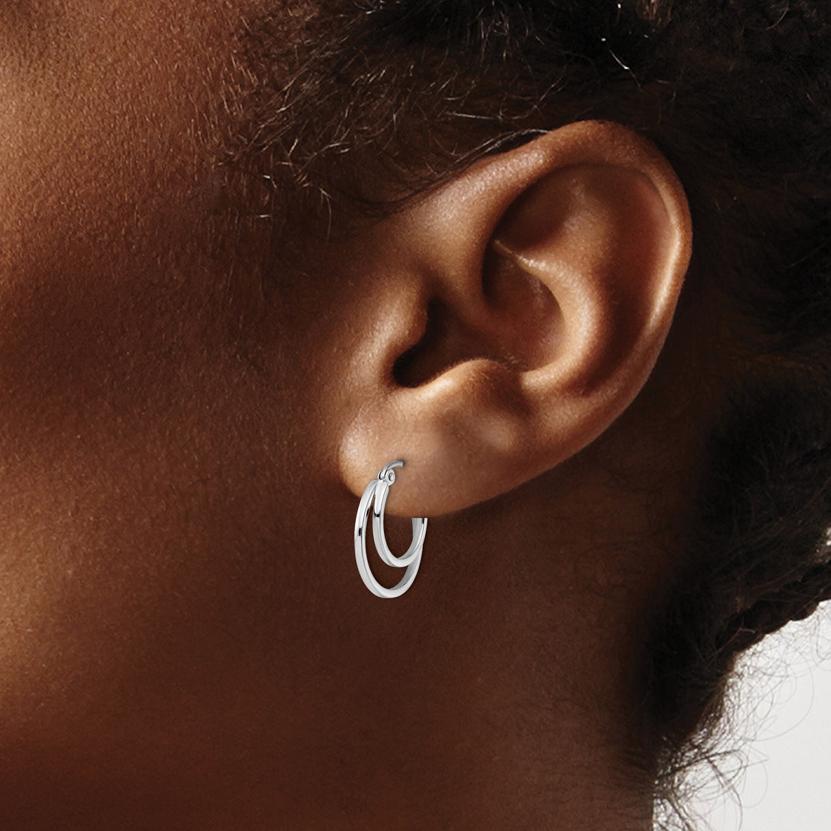 14k White Gold Double Hoop Earrings, Polished Finish, Overlapping Modern Design for Women