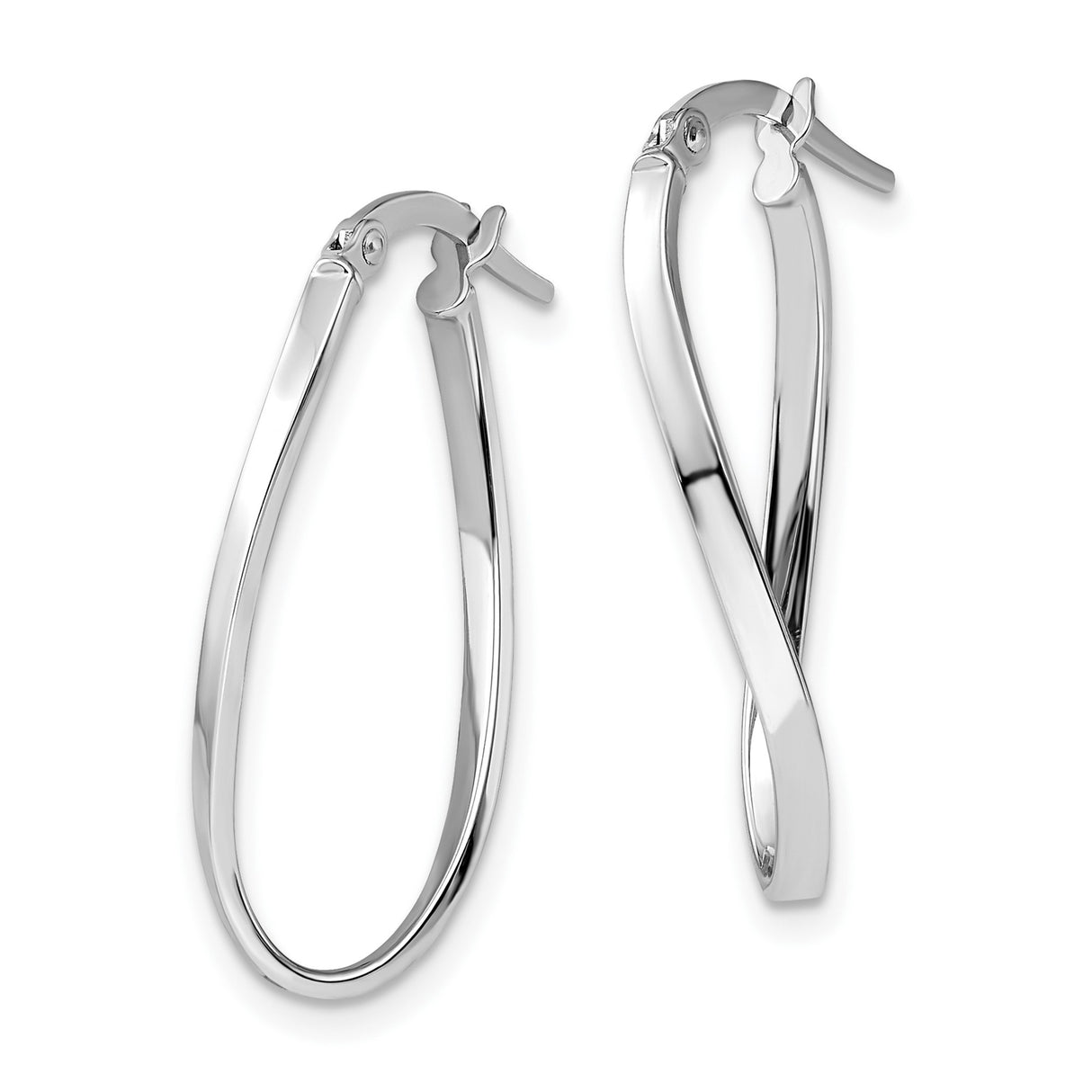 14k White Gold Twisted Hoop Earrings, Sleek Teardrop Oval Design, Polished Modern Style for Women