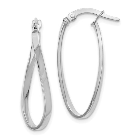 14k White Gold Twisted Hoop Earrings, Sleek Teardrop Oval Design, Polished Modern Style for Women