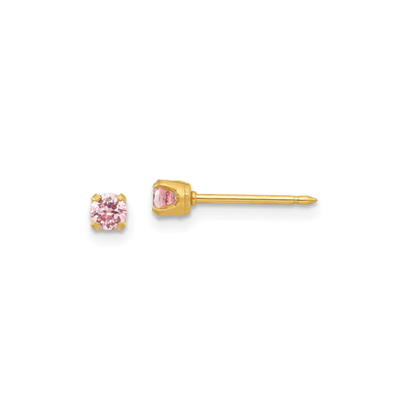 Stainless Steel Stud Earrings with Round Pink Gemstone, Four Prong Setting, Push Back