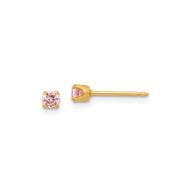 Stainless Steel Stud Earrings with Round Pink Gemstone, Four Prong Setting, Push Back