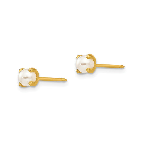 Stainless Steel Pearl Stud Earrings with Round White Faux or Cultured Pearls, Prong Set