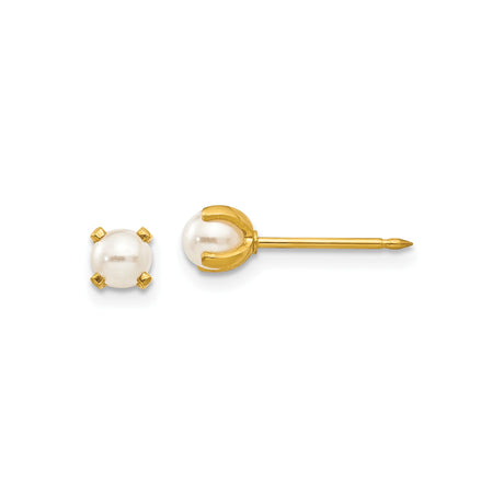 Stainless Steel Pearl Stud Earrings with Round White Faux or Cultured Pearls, Prong Set
