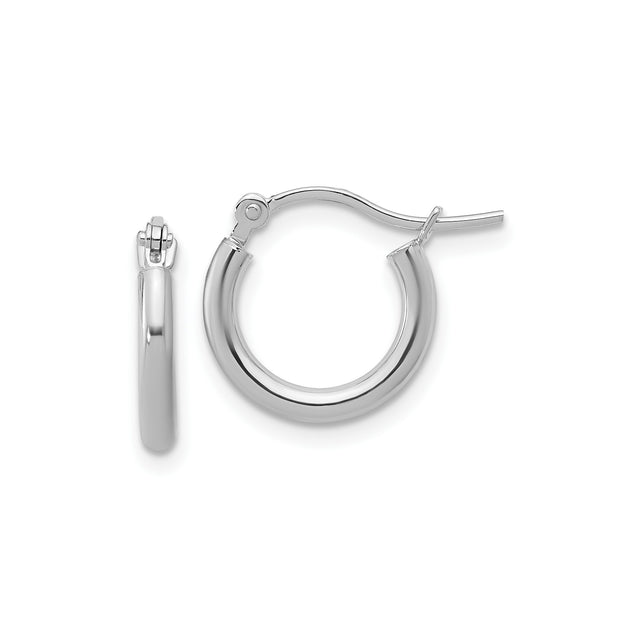 14k White Gold Hoop Earrings, Polished Finish, Hinged Snap Closure, Minimalist Design for Women