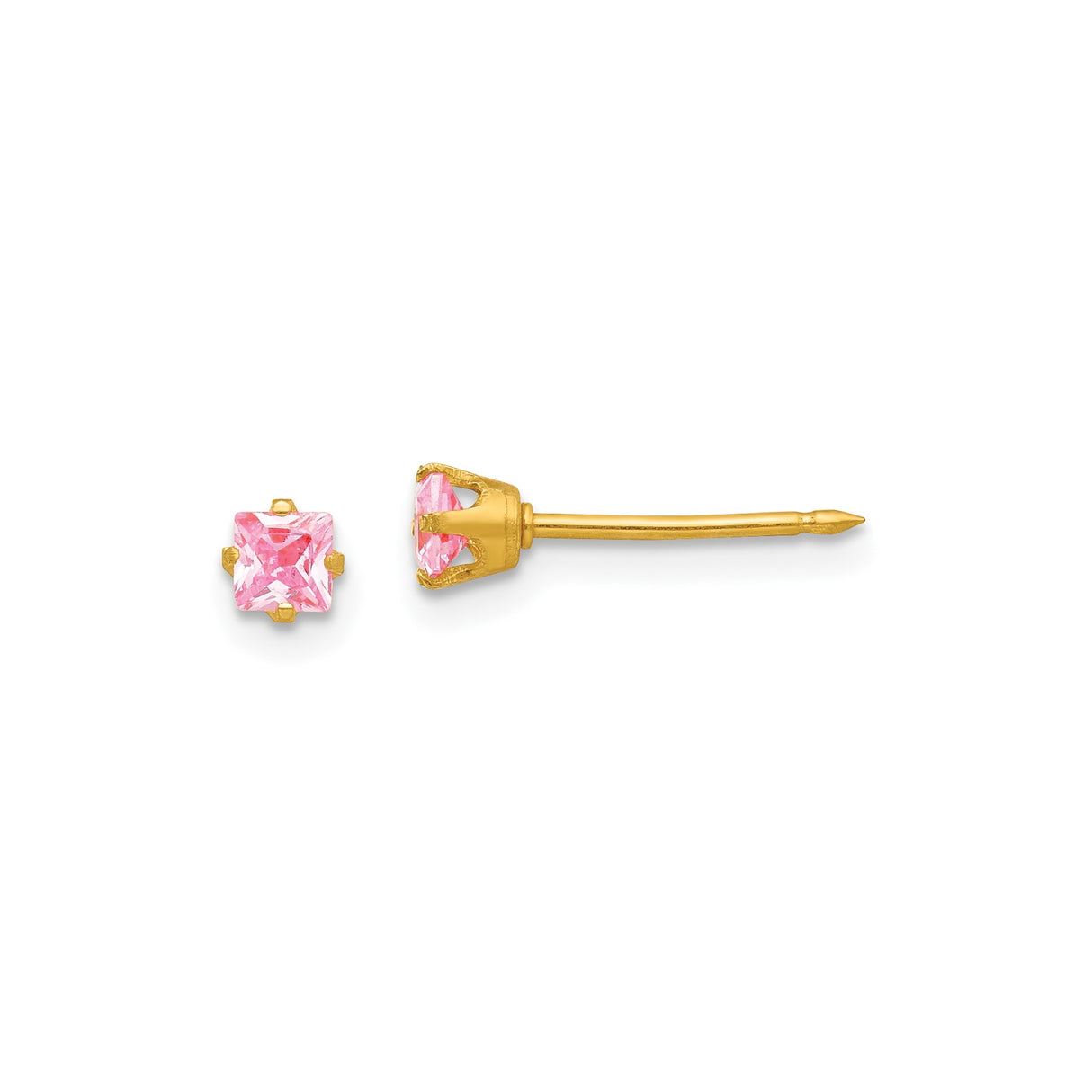 14k Yellow Gold Stud Earrings with Princess Cut Pink Cubic Zirconia, Minimalist Square Design for Women