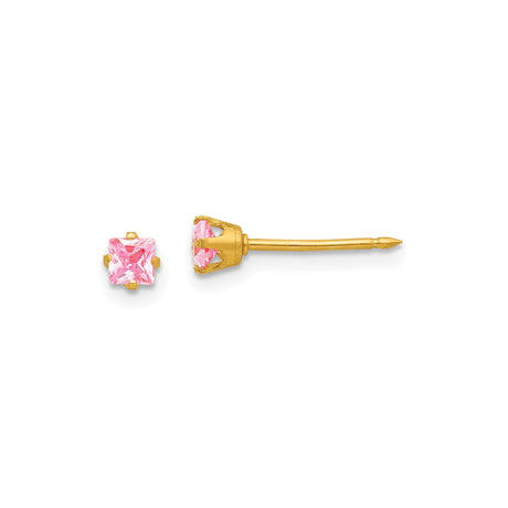 14k Yellow Gold Stud Earrings with Princess Cut Pink Cubic Zirconia, Minimalist Square Design for Women