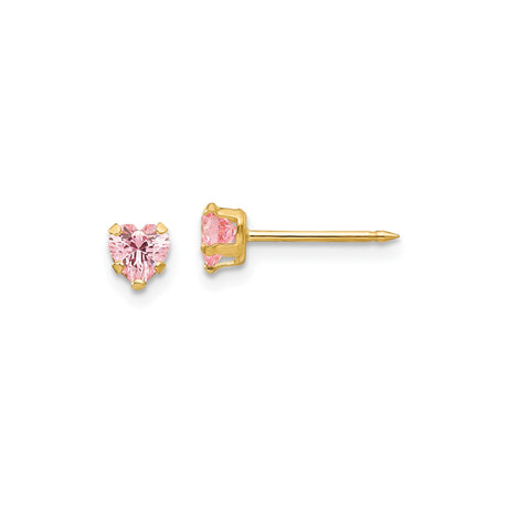 14k Yellow Gold Heart Shaped Pink Gemstone Stud Earrings for Women