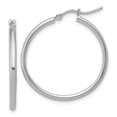 14k White Gold Hoop Earrings, Polished Finish with Latch Back Closure, Medium Round Hoops for Women