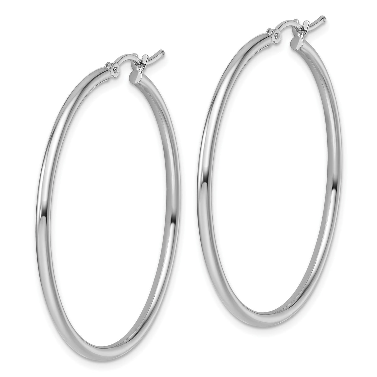 14k White Gold Hoop Earrings, Classic Polished Round Design with Hinged Clasp
