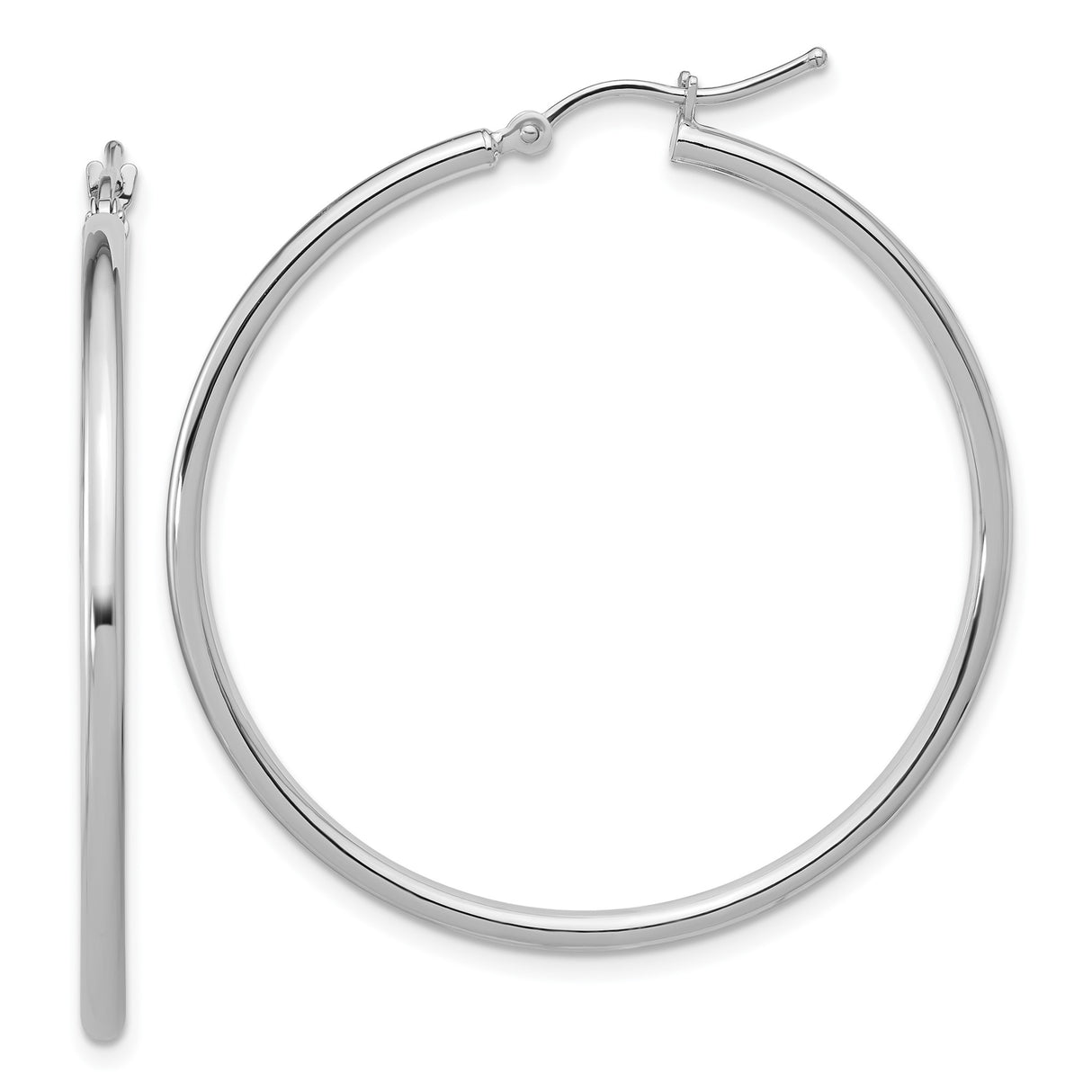 14k White Gold Hoop Earrings, Classic Polished Round Design with Hinged Clasp