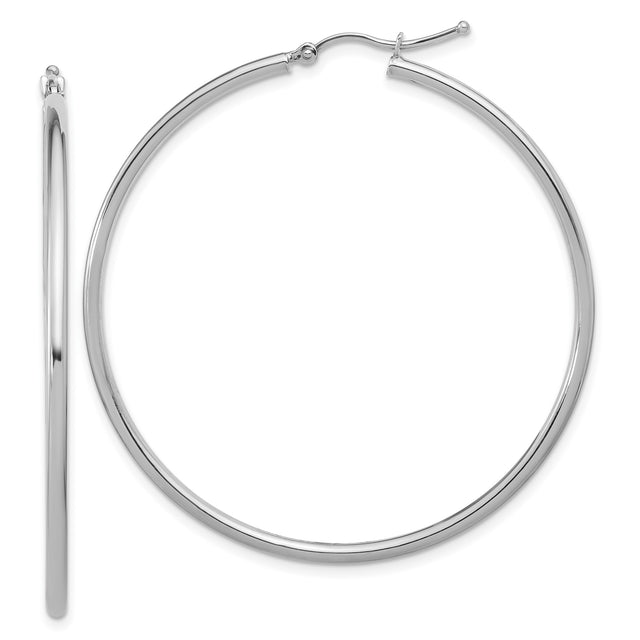 14k White Gold Hoop Earrings, Polished Finish, Latch Back, Minimalist Large Round Style