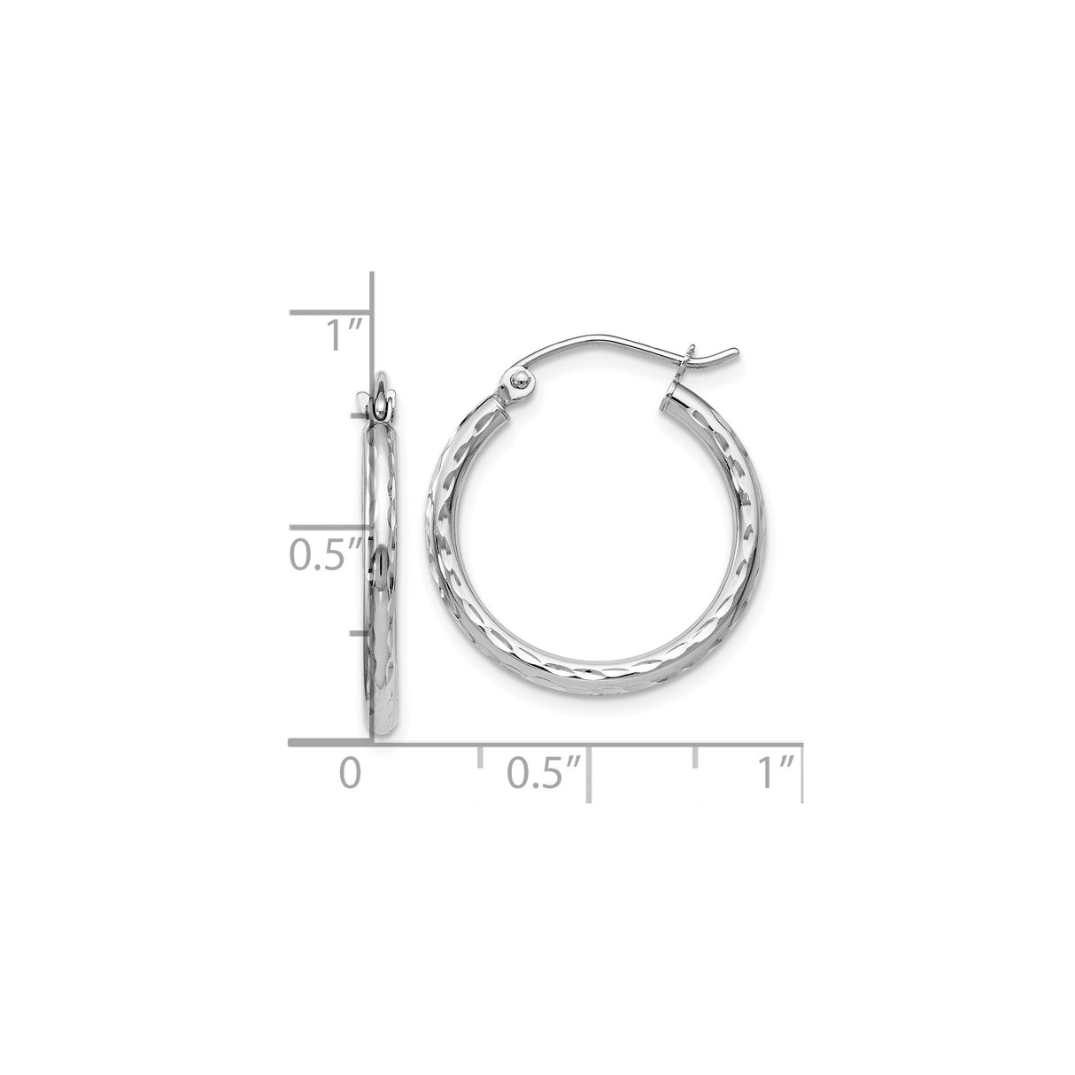 14k White Gold Hoop Earrings, Diamond Cut Textured Design, Polished Medium Size Hoops
