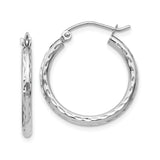 14k White Gold Hoop Earrings, Diamond Cut Textured Design, Polished Medium Size Hoops
