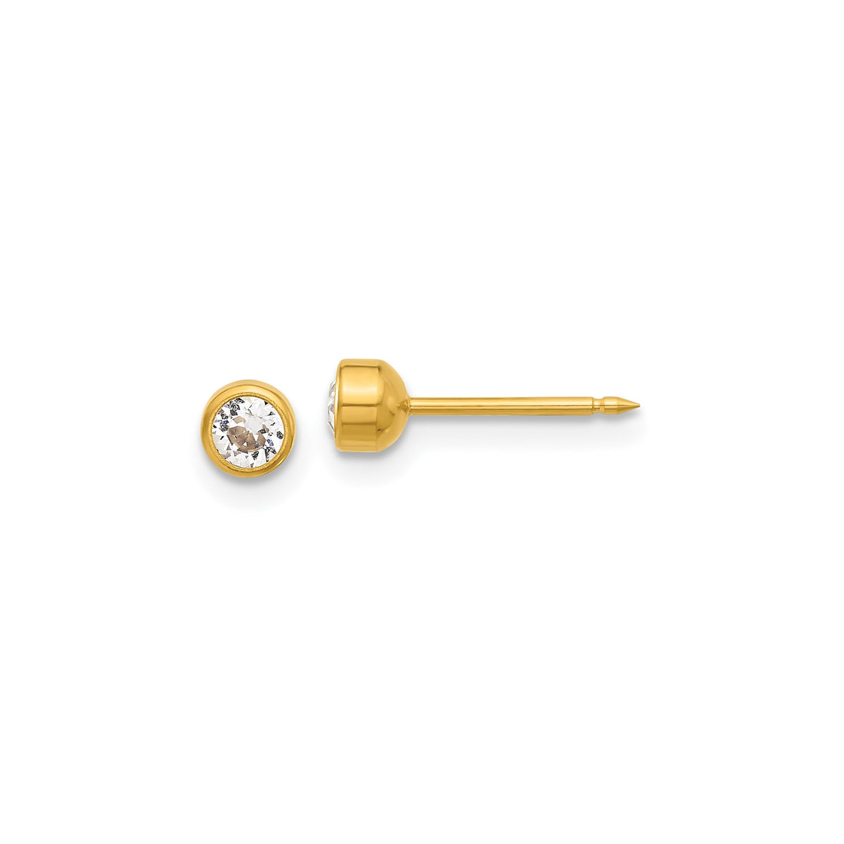 14k Yellow Gold Stud Earrings with Round Bezel Set Clear Crystal, Classic Minimalist Design