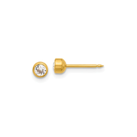 14k Yellow Gold Stud Earrings with Round Bezel Set Clear Crystal, Classic Minimalist Design