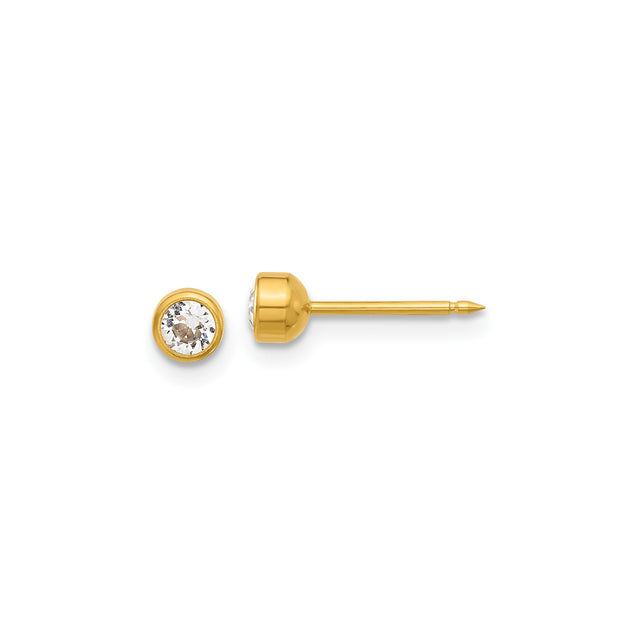 14k Yellow Gold Stud Earrings with Round Bezel Set Clear Crystal, Classic Minimalist Design