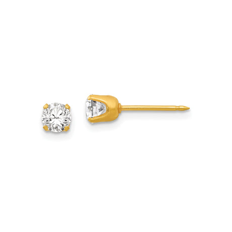14k Yellow Gold Solitaire Stud Earrings with Round Cut Clear Gemstones, Four-Prong Design