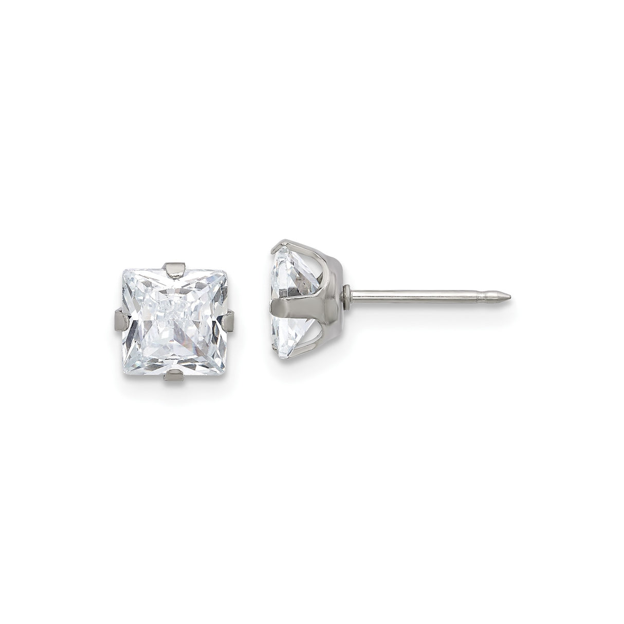Womens Stainless Steel Square CZ Stud Earrings with Clear Cubic Zirconia, Four-Prong Setting, Hypoallergenic Lightweight Steel Jewelry, Elegant Minimalist Design for Everyday or Formal Wear