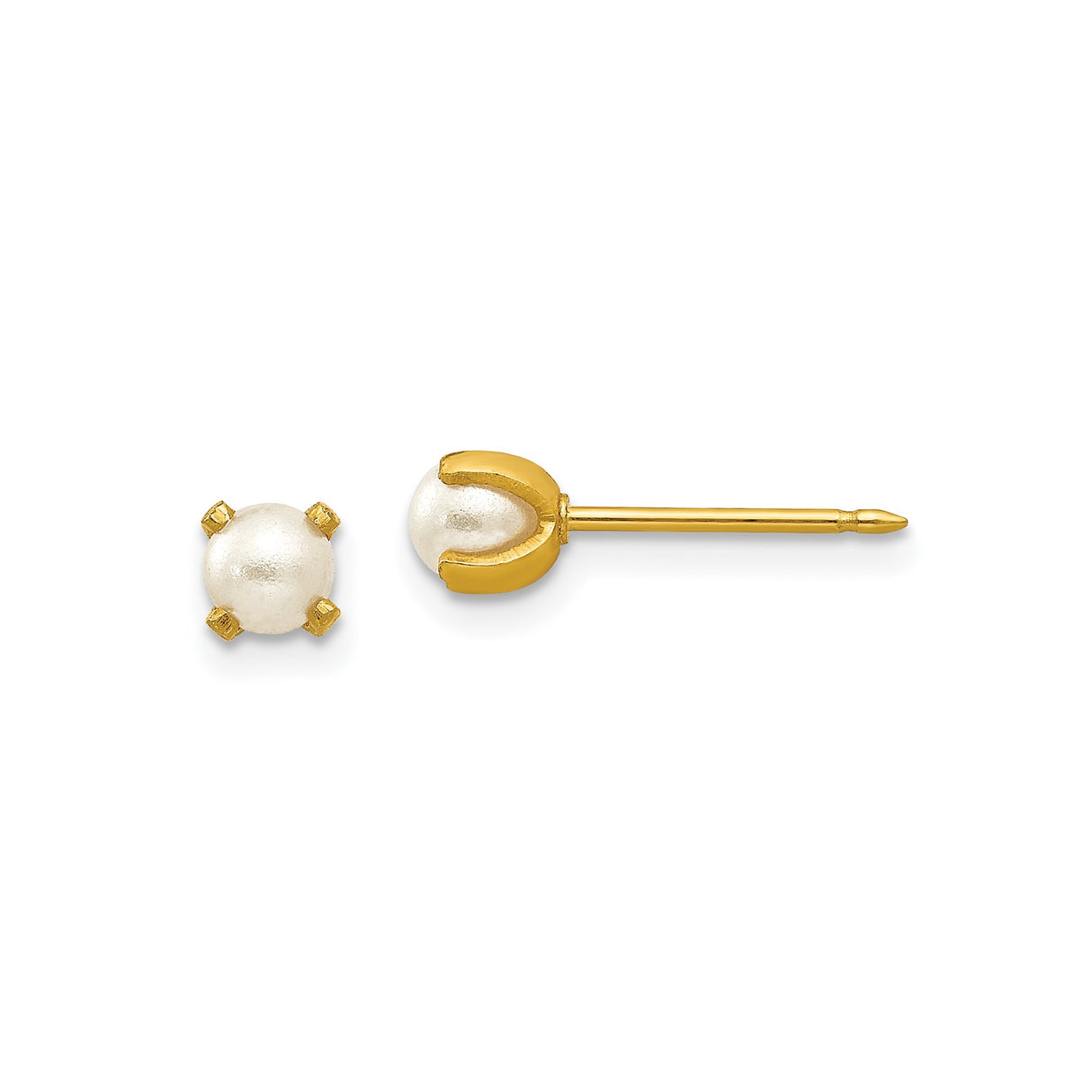 14k Yellow Gold Stud Earrings with Round White Simulated Pearls, Classic Four Prong Setting