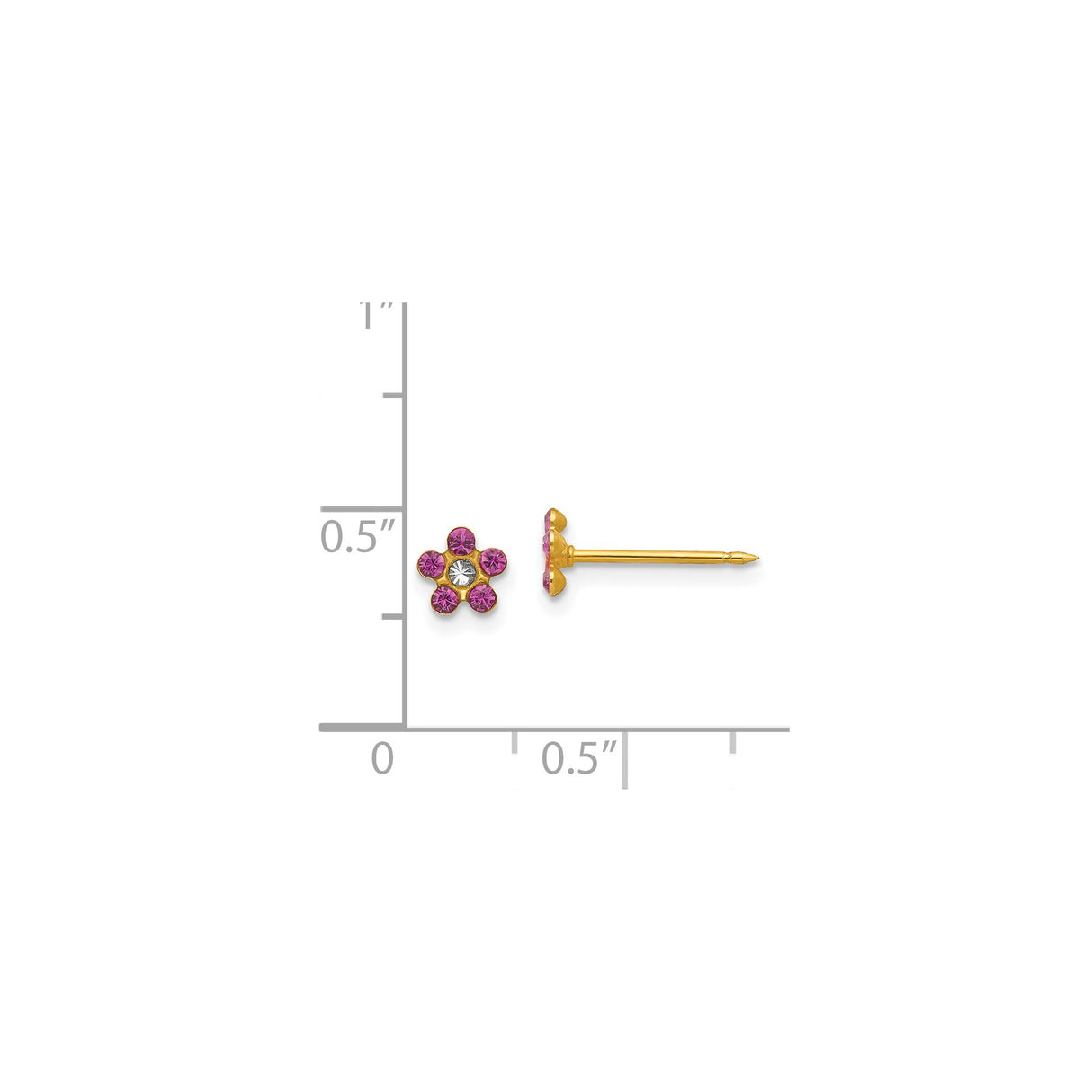 14k Yellow Gold Flower Stud Earrings with Pink and White Gemstones, Six Petal Design