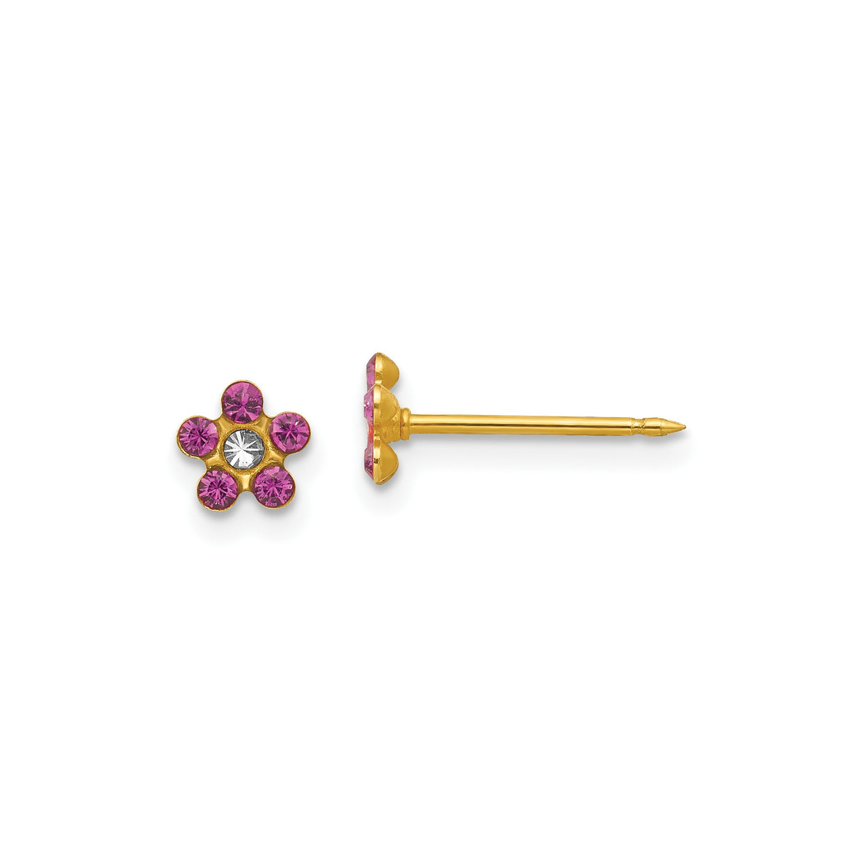 14k Yellow Gold Flower Stud Earrings with Pink and White Gemstones, Six Petal Design