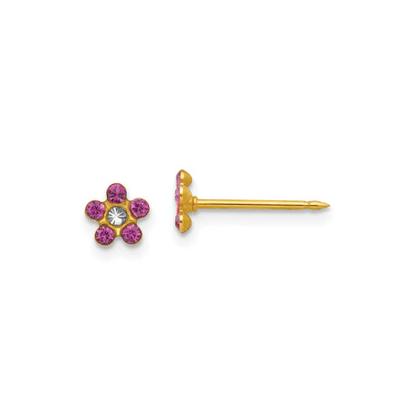 14k Yellow Gold Flower Stud Earrings with Pink and White Gemstones, Six Petal Design