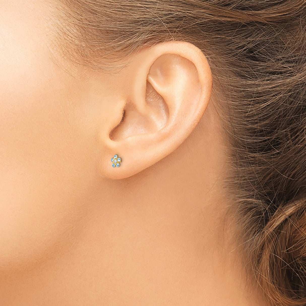14k Yellow Gold Flower Stud Earrings with White Center Gemstone and Light Blue Stones