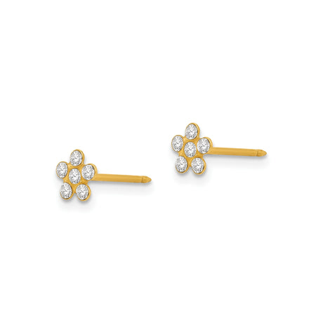 14k Yellow Gold Flower Stud Earrings with Six Round Clear Stones, Dainty Floral Design for Women