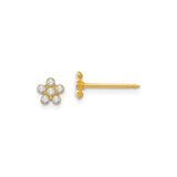 14k Yellow Gold Flower Stud Earrings with Six Round Clear Stones, Dainty Floral Design for Women