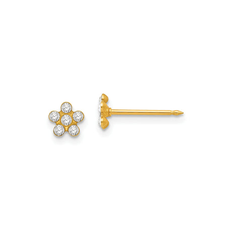 14k Yellow Gold Flower Stud Earrings with Six Round Clear Stones, Dainty Floral Design for Women