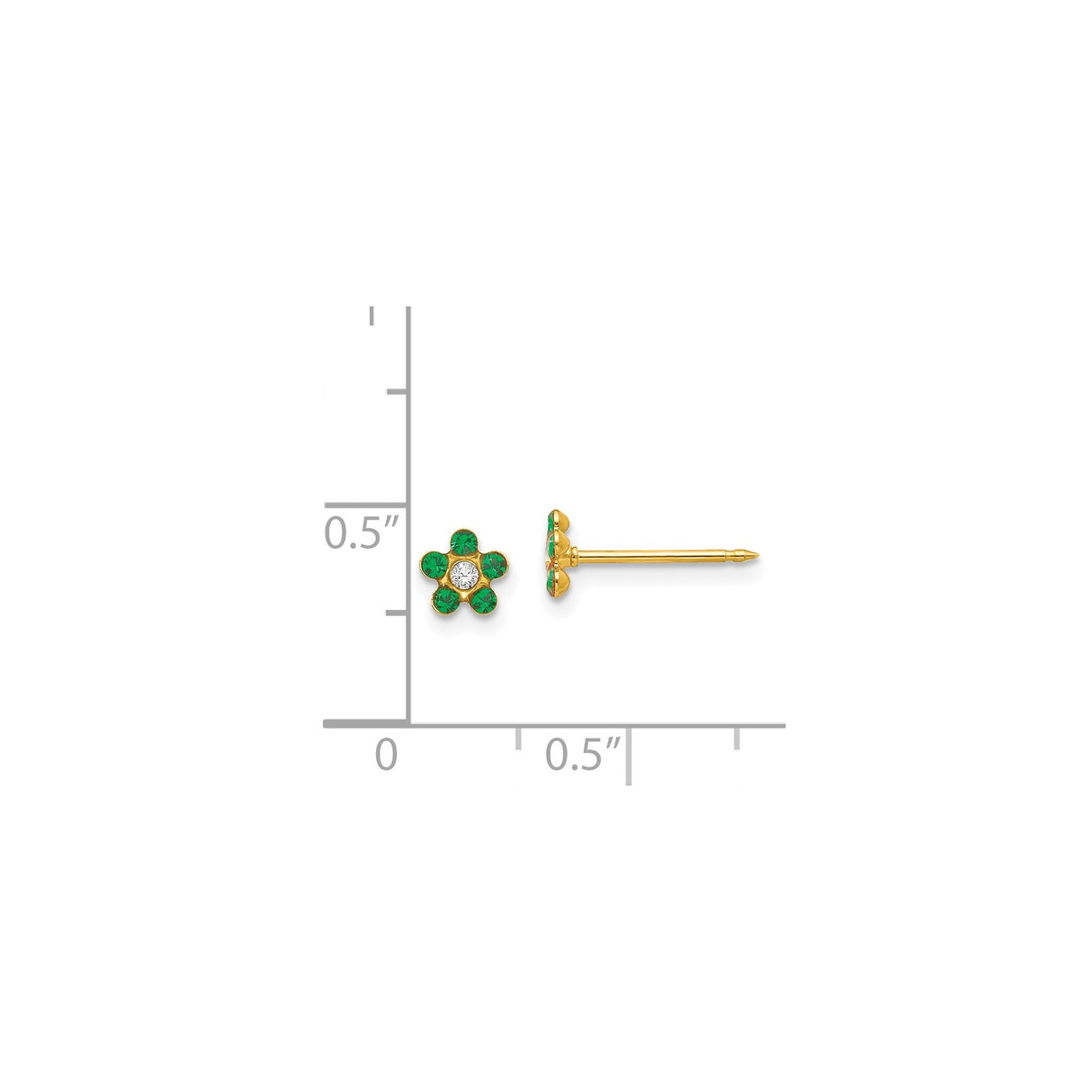 14k Yellow Gold Flower Stud Earrings with Green and White Gemstones, Petite Floral Design