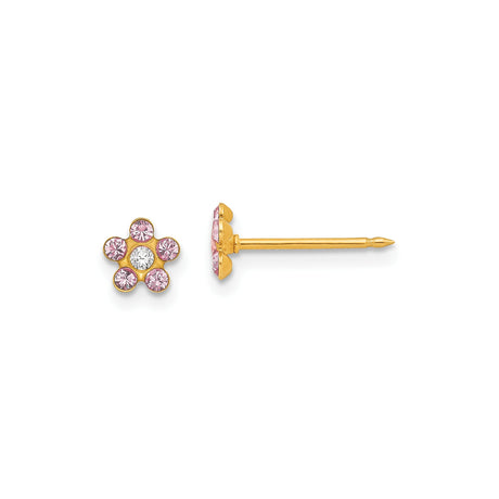 14k Yellow Gold Daisy Flower Stud Earrings with Pink and Clear Cubic Zirconia