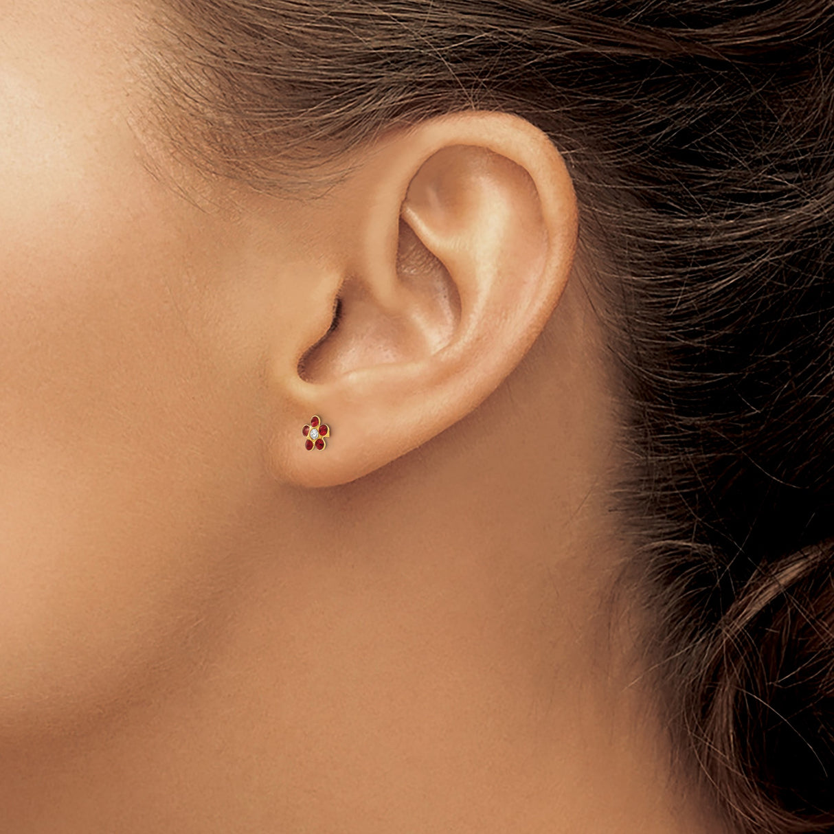 14k Yellow Gold Flower Stud Earrings with Red and White Gemstones, Dainty Floral Design