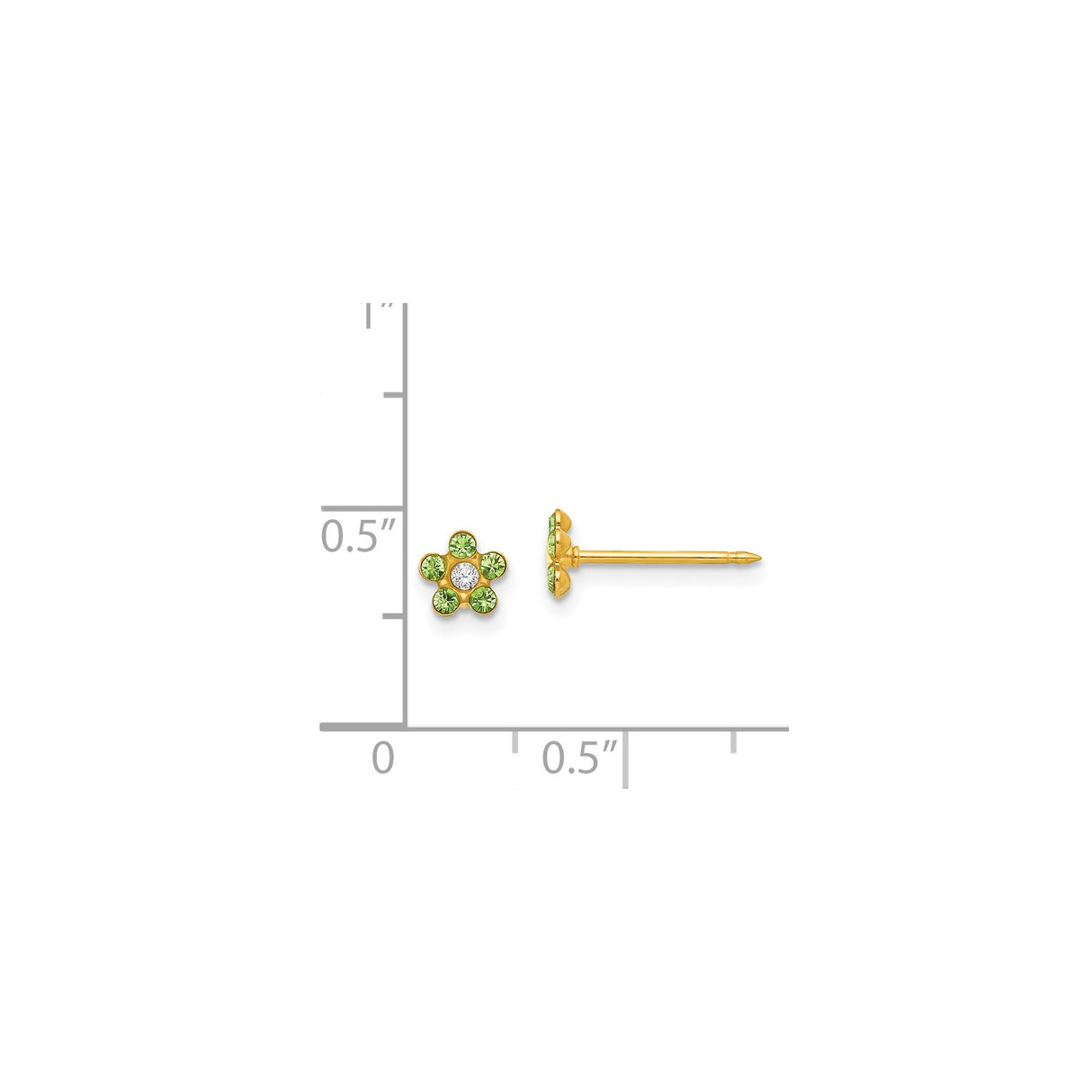 14k Yellow Gold Flower Stud Earrings with White Center Stone and Green Gemstones, Botanical Design